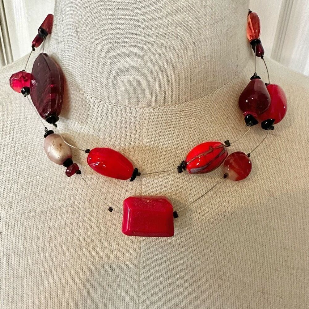 Chicos red beaded double strand wire floating bead necklace